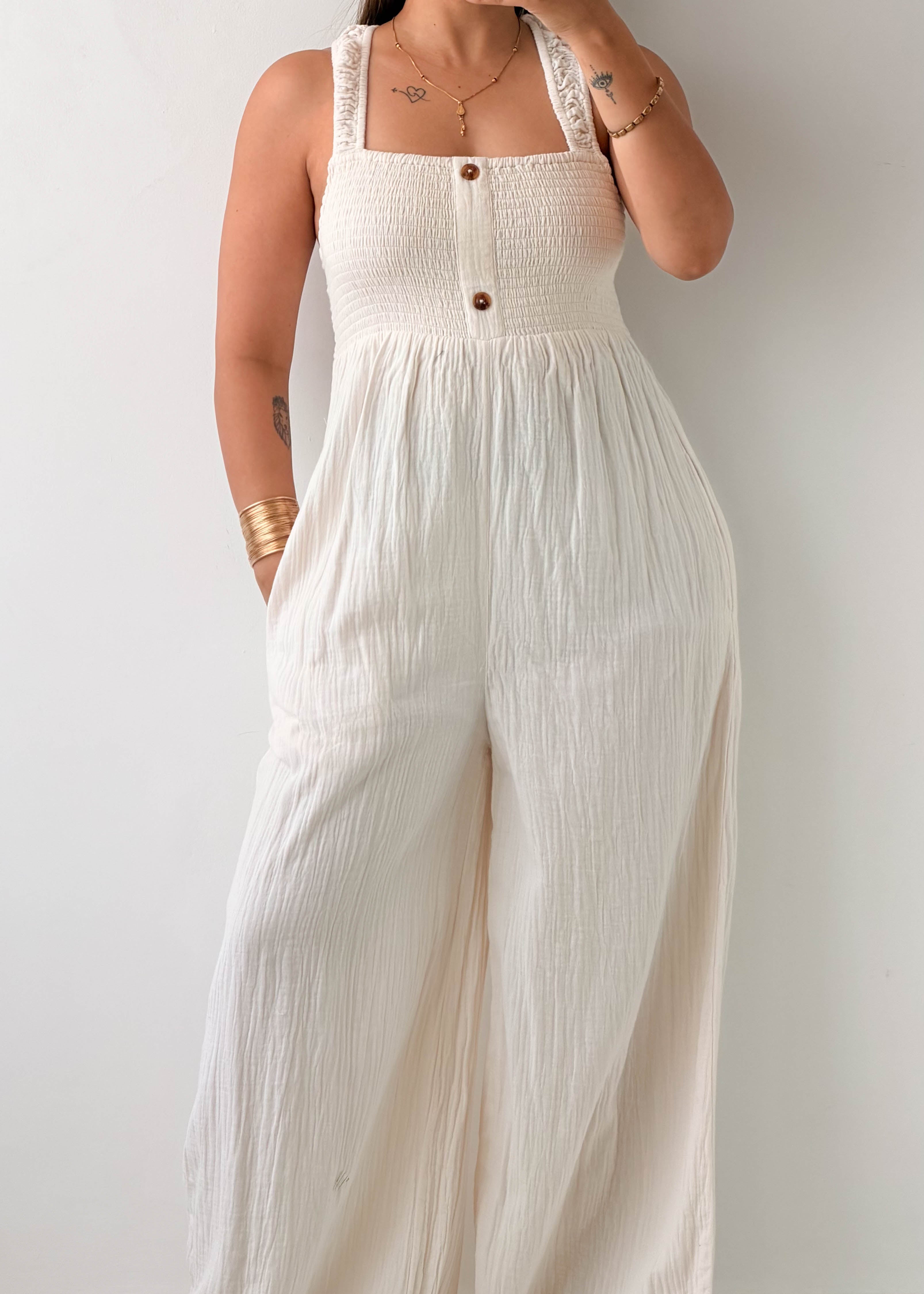 Size M-L White Textured Wide Leg Jumpsuit