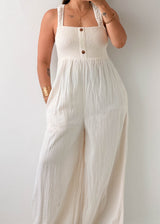 Size M-L White Textured Wide Leg Jumpsuit