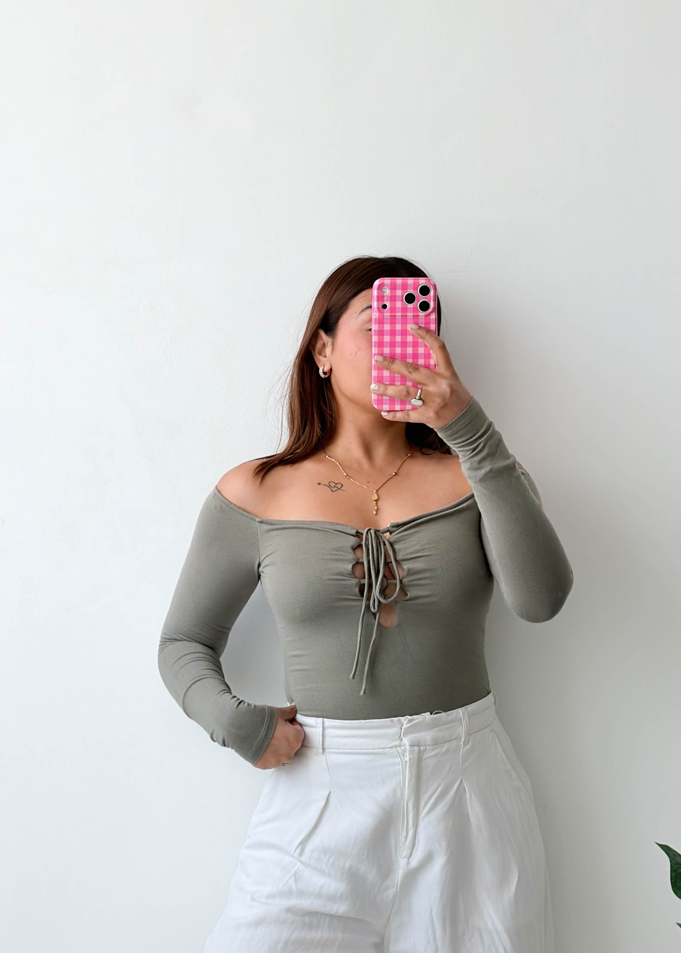 Size XS-S Sage Lace-Up Off-Shoulder Bodysuit