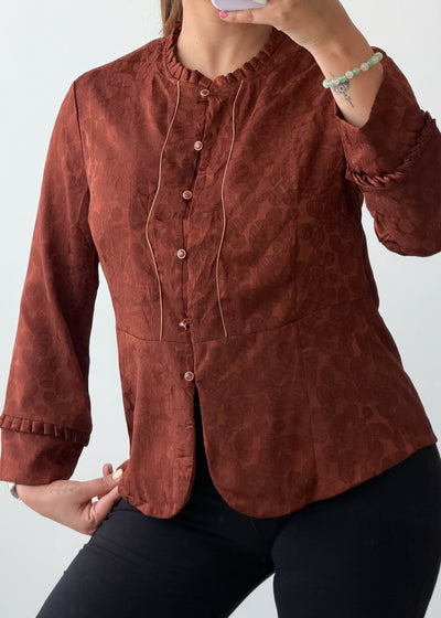 Size M Rust Textured Button Viscose Crepe Shirt