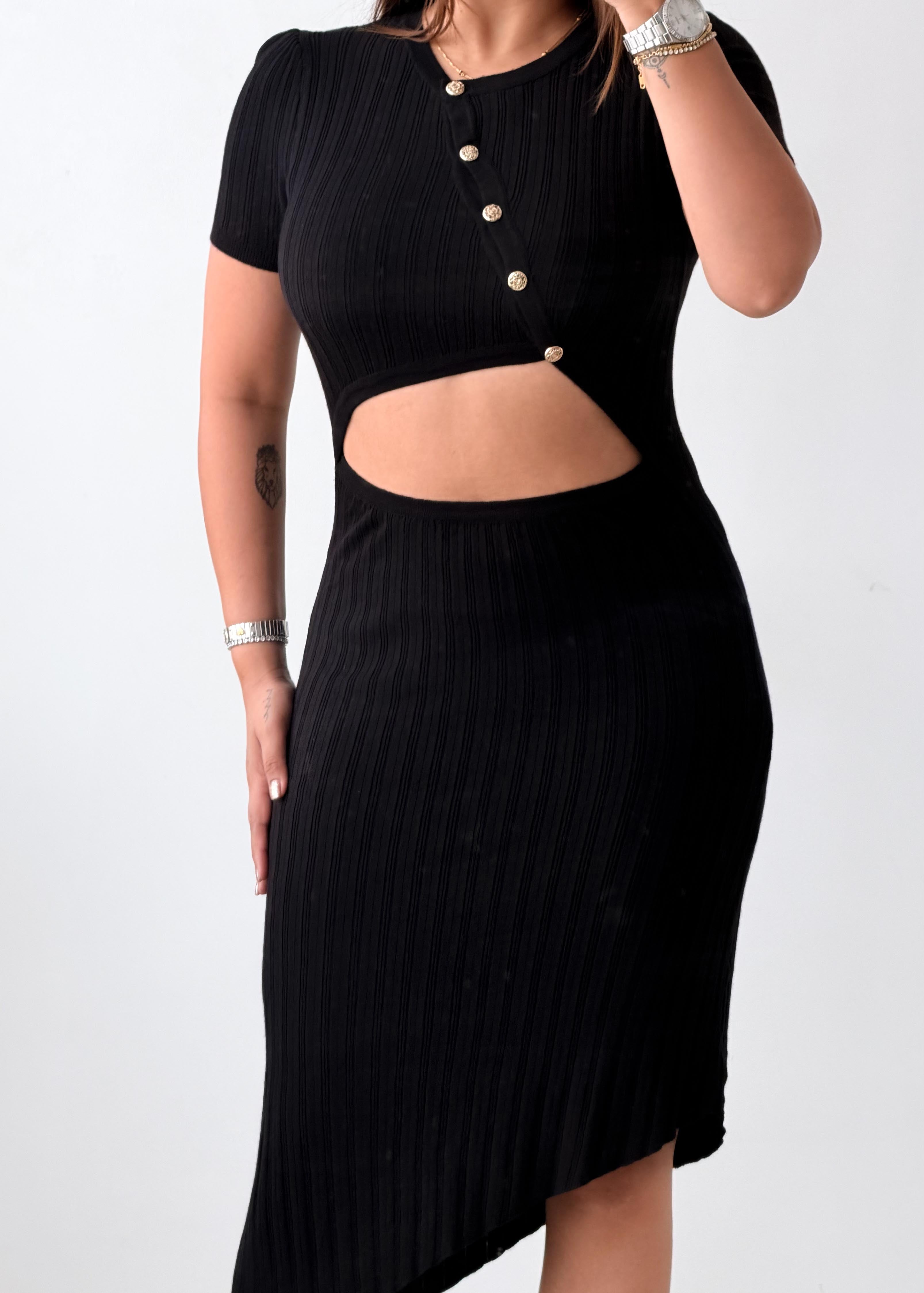 Size S-M Black Cut-Out Ribbed Knit Midi Dress