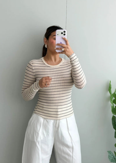 Size S-M, Beige Stripe Long Sleeve Top - Closet by Payal