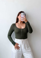 Size S-M Olive Ribbed Zip Bodysuit
