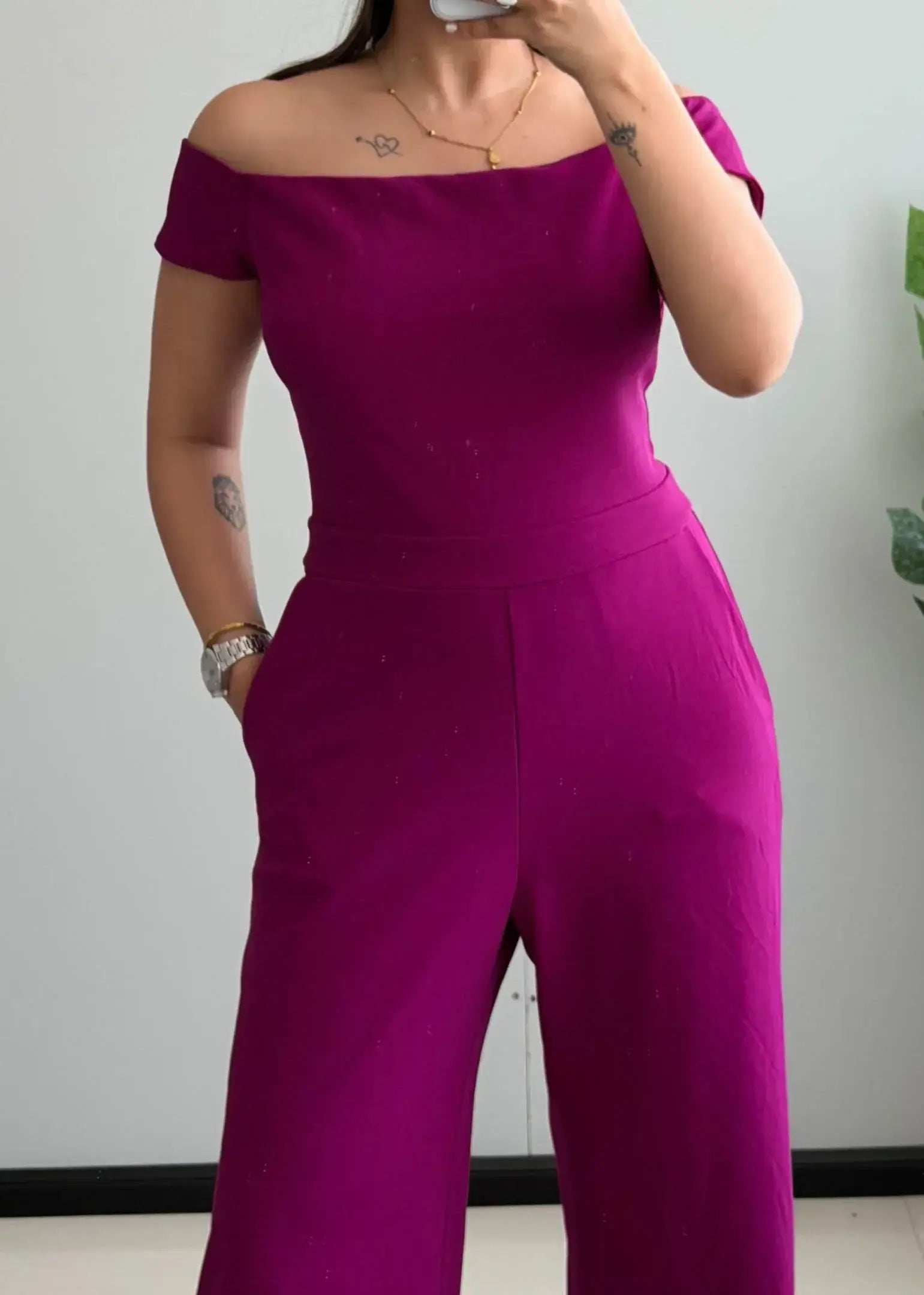 SIZE M-L, Magenta Off-Shoulder Wide-Leg Jumpsuit - Closet by Payal