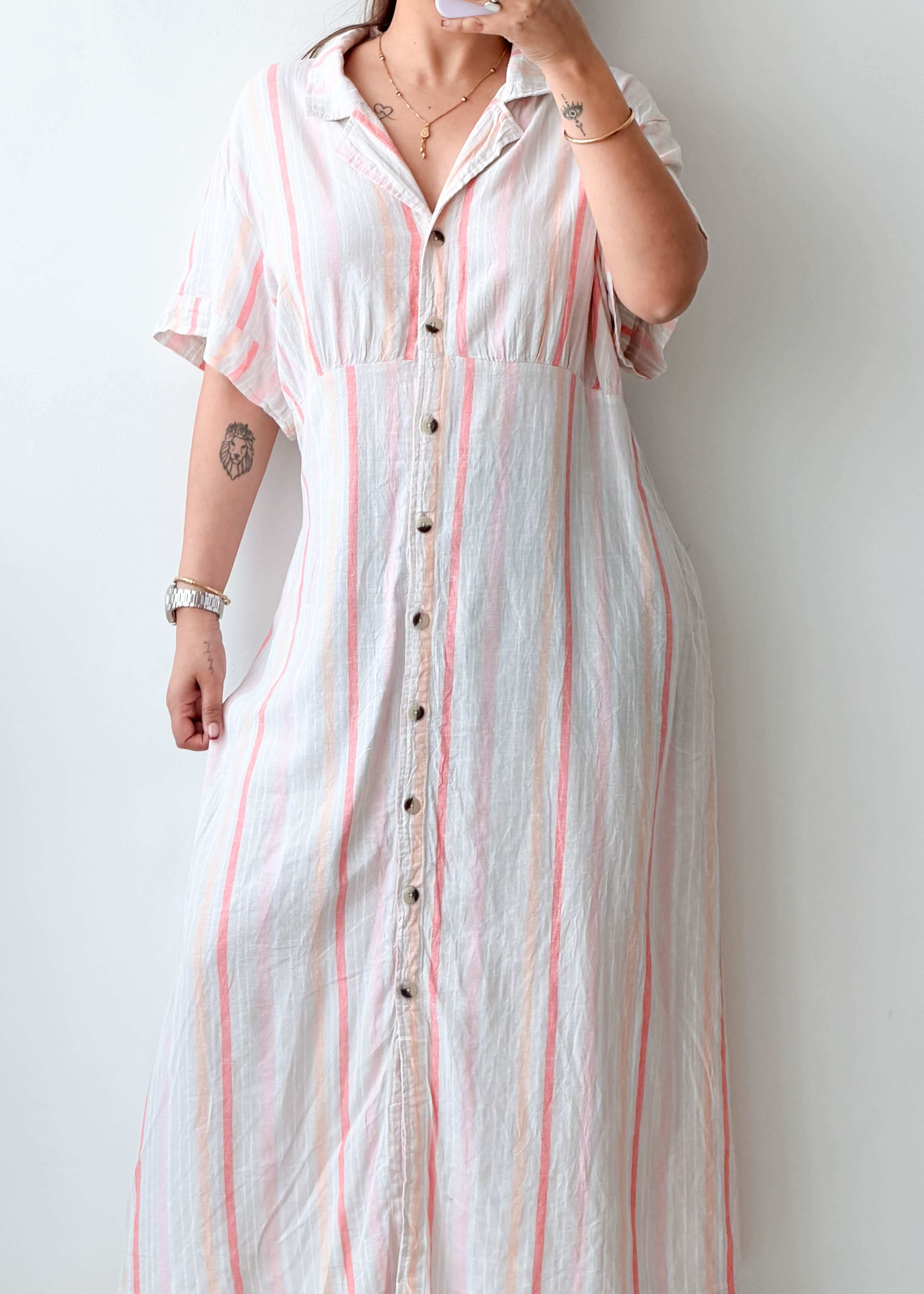 Size XXL Striped Cotton Shirt Midi Dress