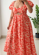 Size S-M, Coral Floral Cut-Out Midi Dress