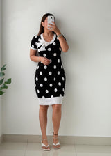 Size M-L Black & White Polka Dot Bow Mini Dress