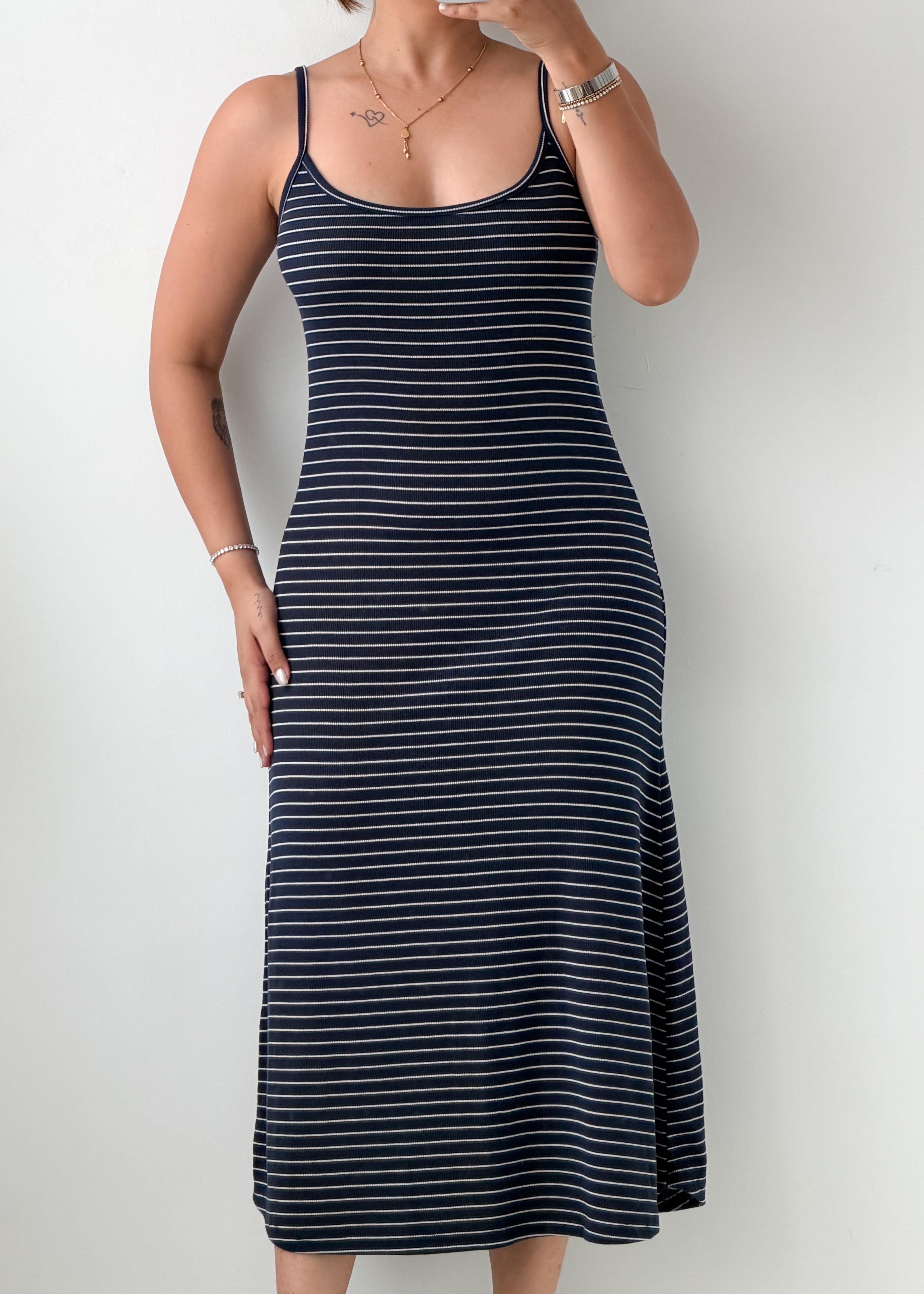 Size S-M Navy & White Striped Ribbed Midi Dress