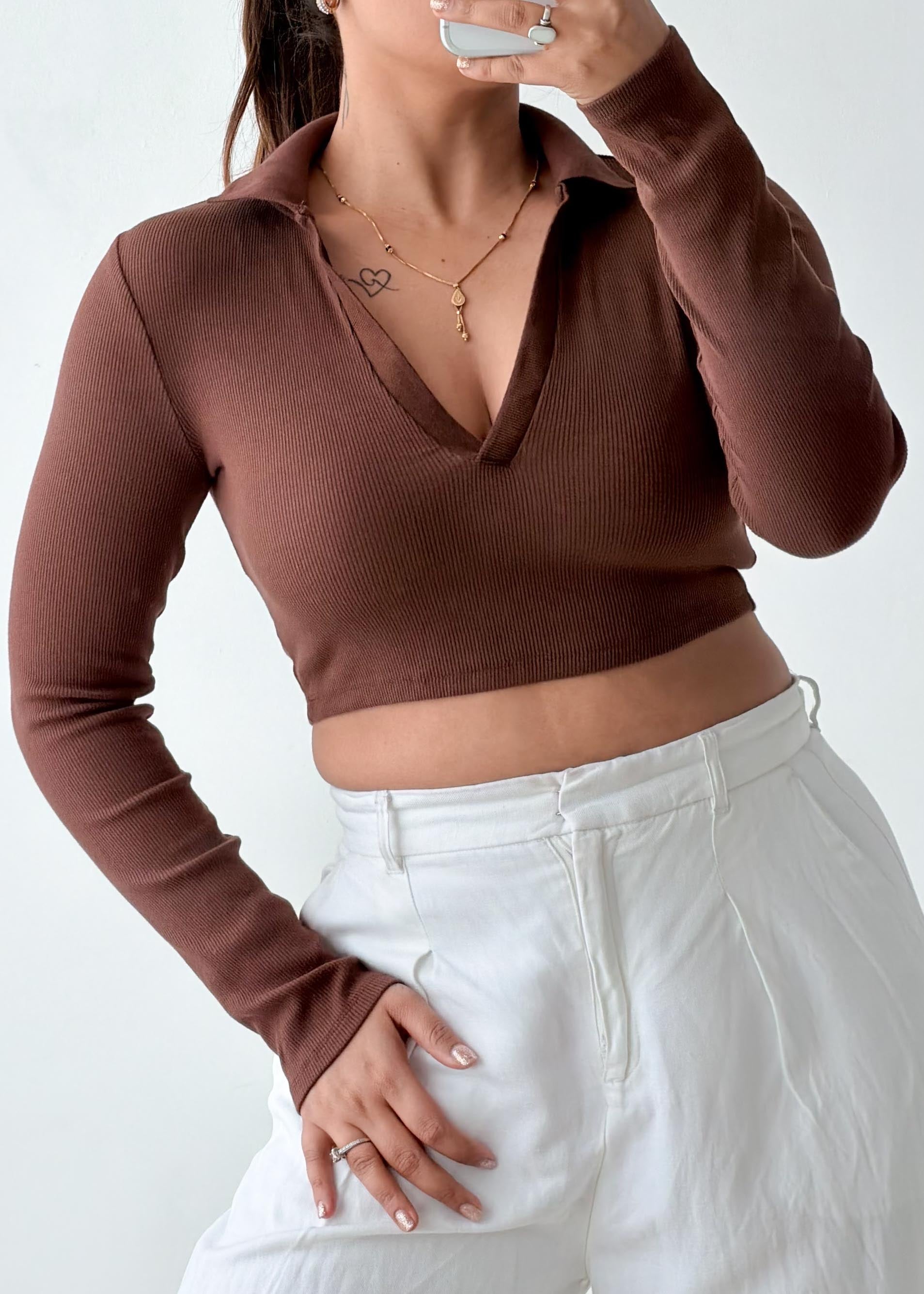 Size S-M Brown Collared Crop Top