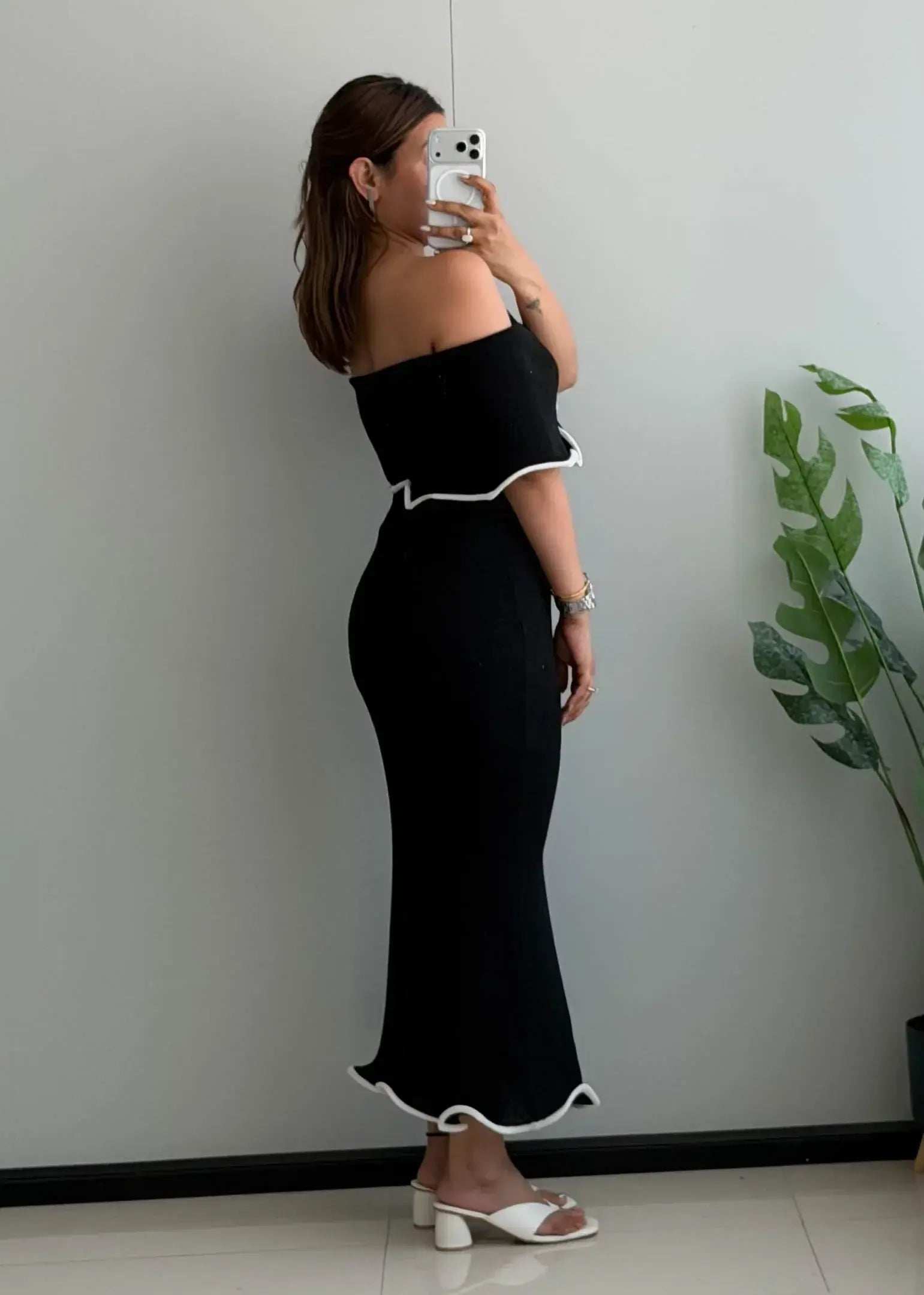 SIZE S-M, Black Off-Shoulder Ruffle Trim Maxi Dress - Closet by Payal