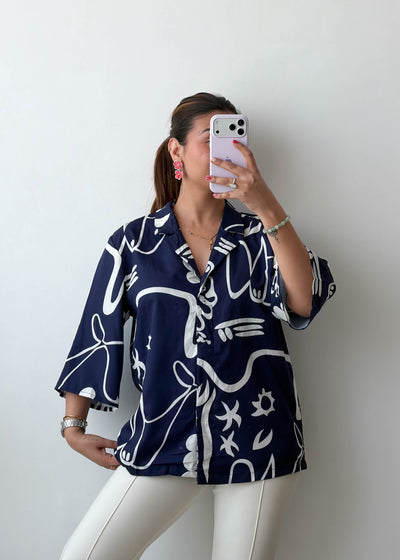 M-L Navy Abstract Soft Chiffon Oversized Shirt