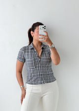 Size XS-S Black & White Plaid Collared Top