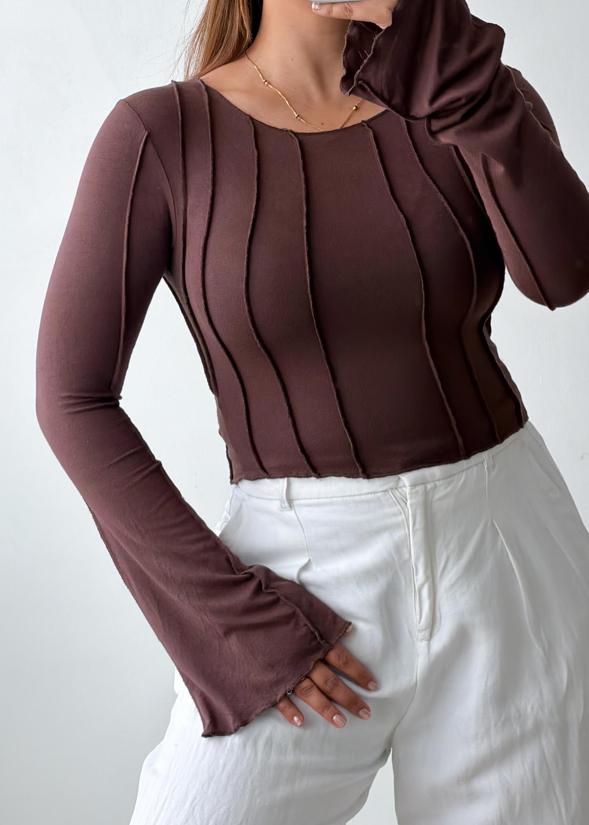 Size S-M Brown Ribbed Long Sleeve Top