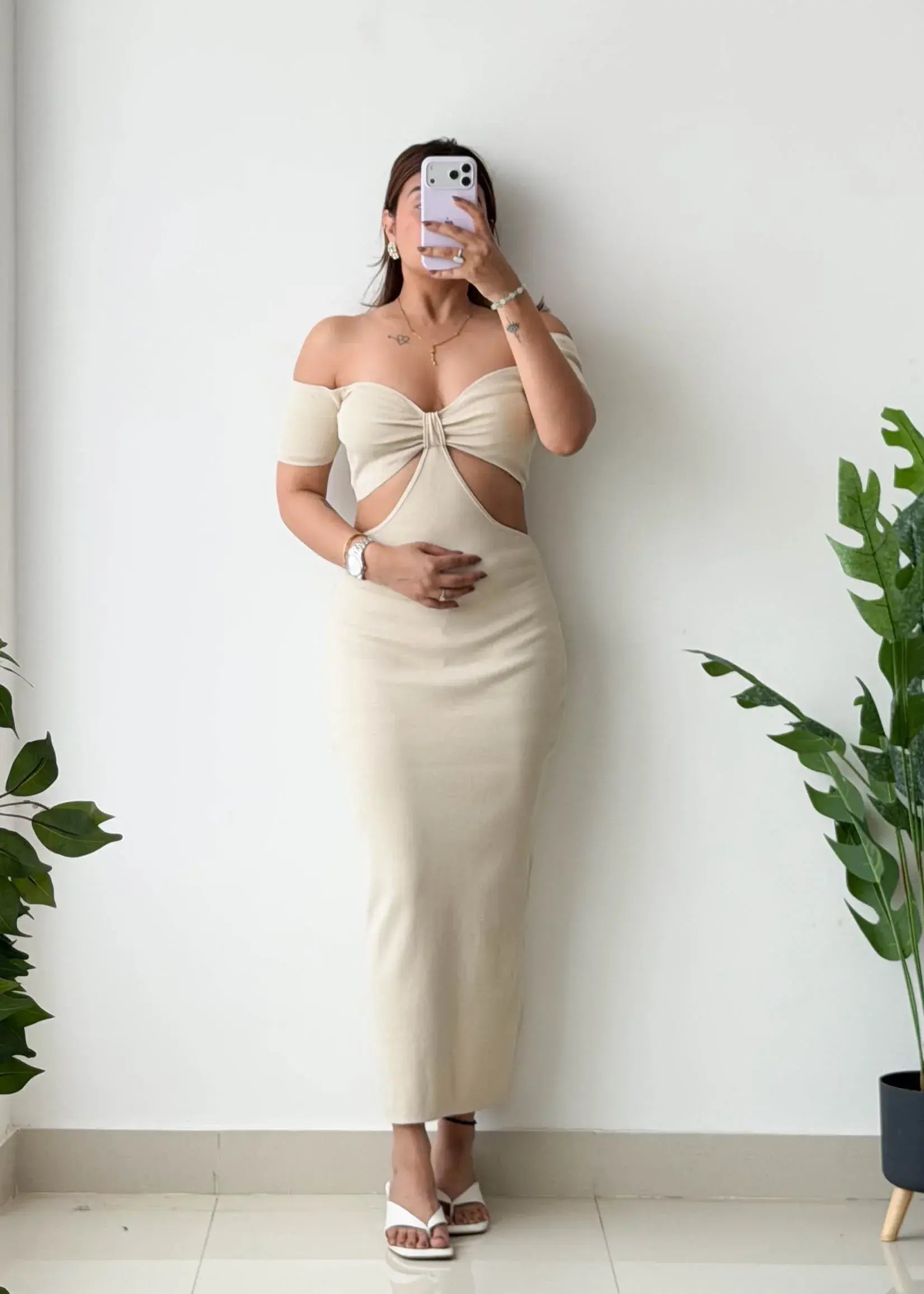 Size S-M, Beige Twist Cut-Out Maxi Dress - Closet by Payal