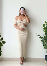 Size S-M, Beige Twist Cut-Out Maxi Dress - Closet by Payal