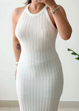 Size S-M, White Halter Ribbed Midi Dress - Closet by Payal