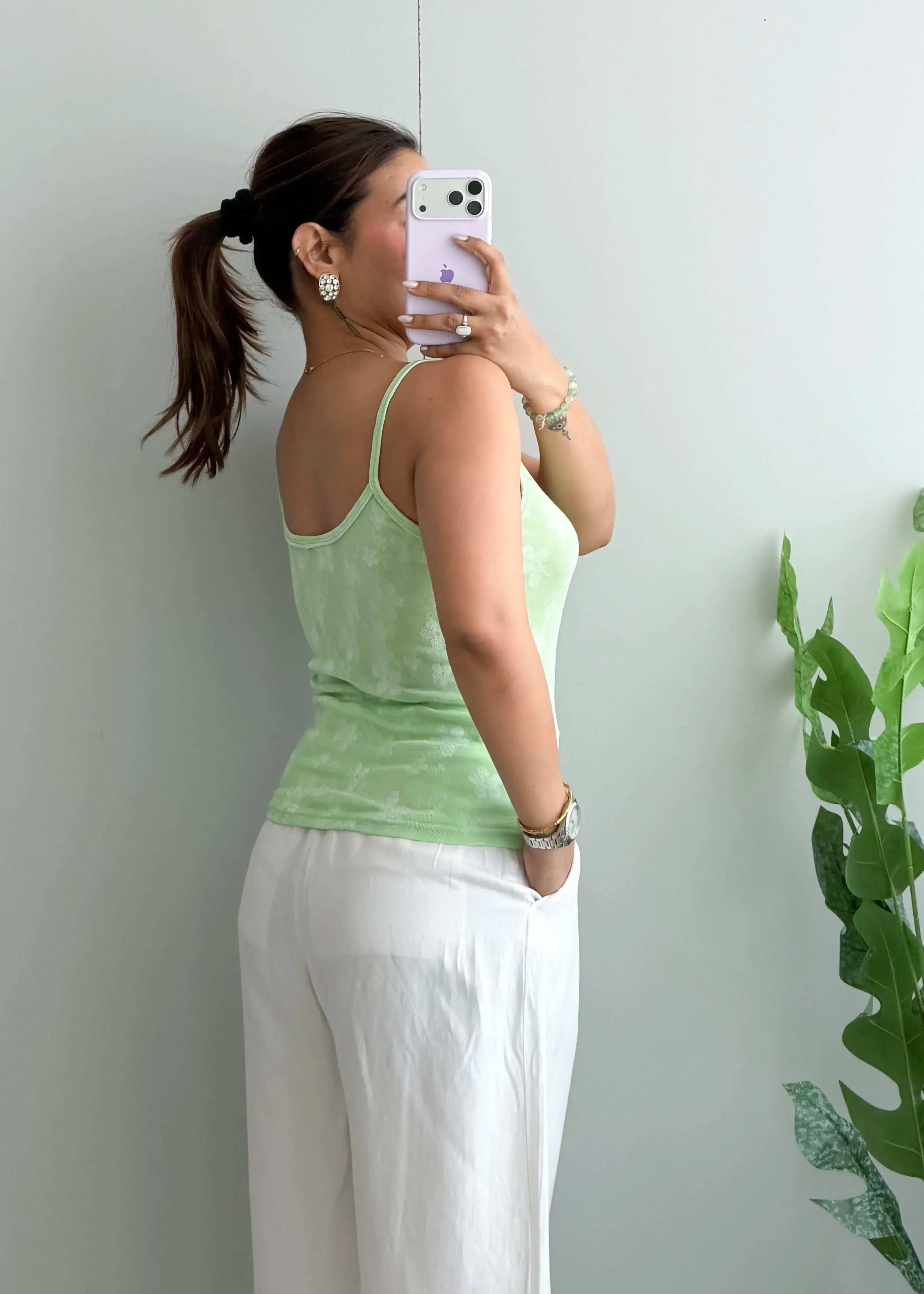 Size M-L, Light Green Floral Tank Top - Closet by Payal