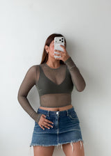 Size XS-S Olive Green Sheer Mesh Crop Top
