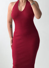 Size S-M Burgundy Ribbed Knit Halter Midi Dress