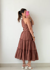 Size M-L Mocha Tiered Halter Midi Dress