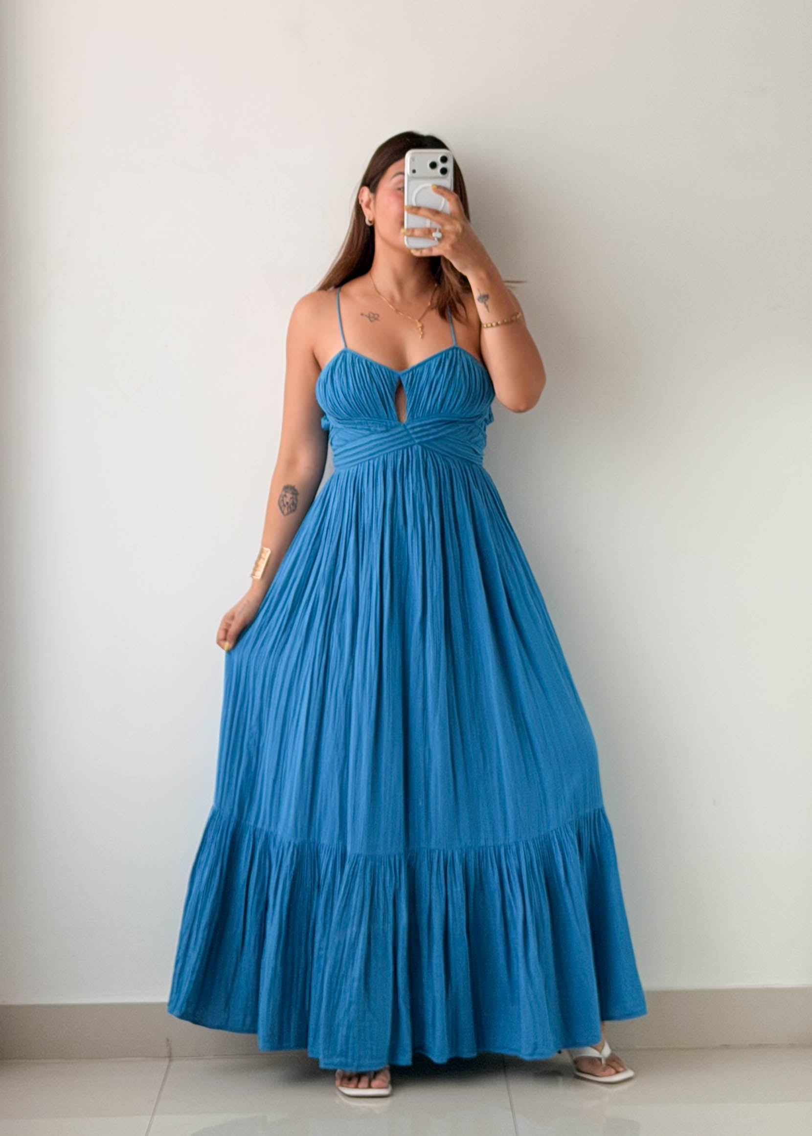 Size XS-S Blue Cut-Out Tiered Maxi Dress