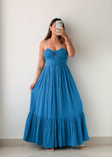Size XS-S Blue Cut-Out Tiered Maxi Dress