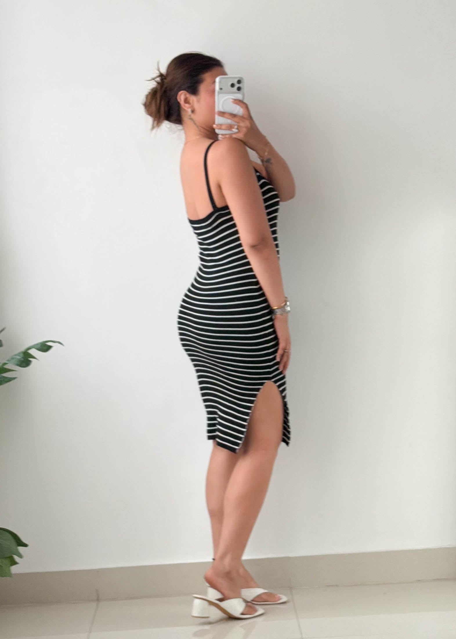 Size S-M Black Striped Ribbed Knit Midi Dress