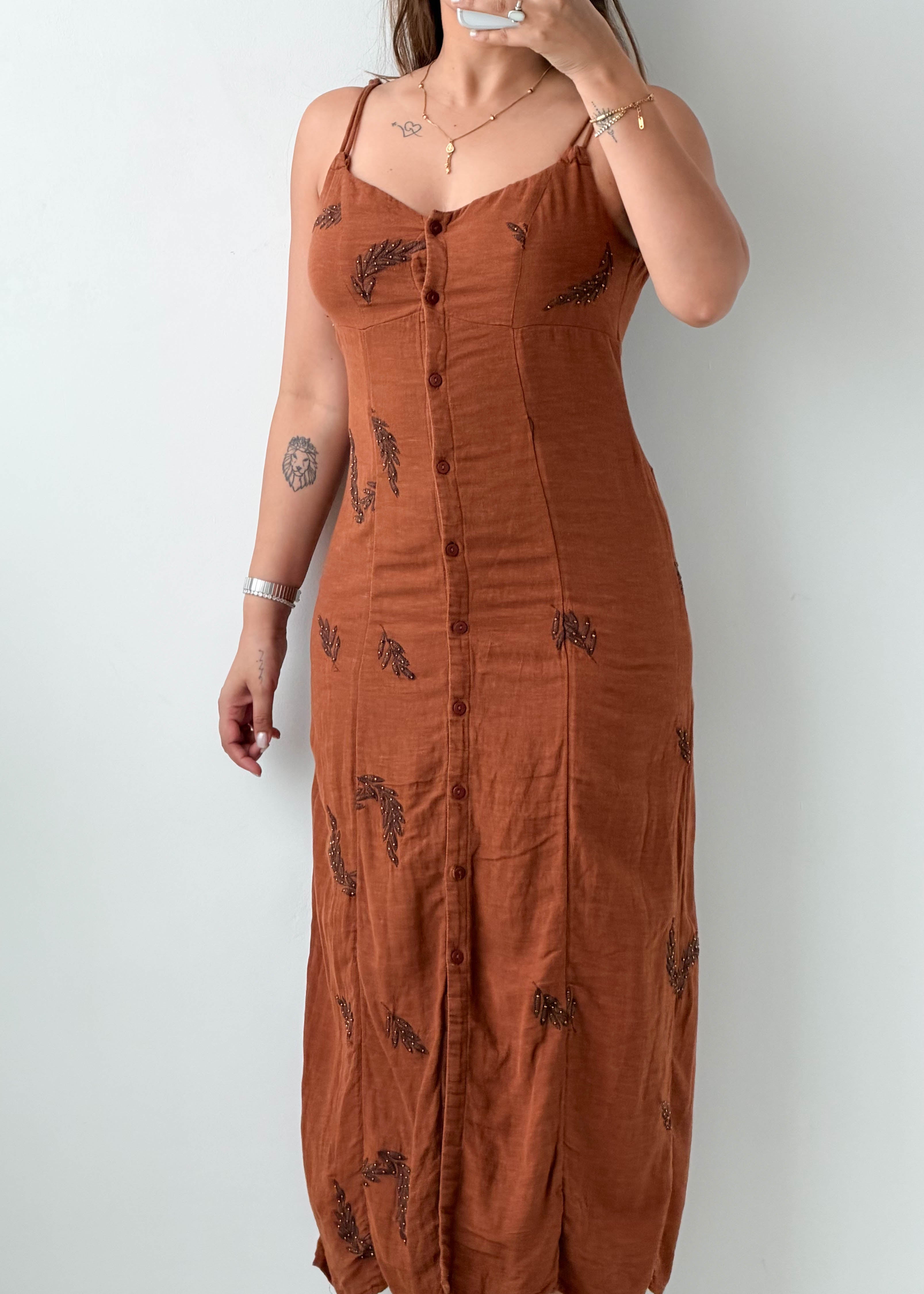 Size S Rust Printed Button-Front Maxi Dress