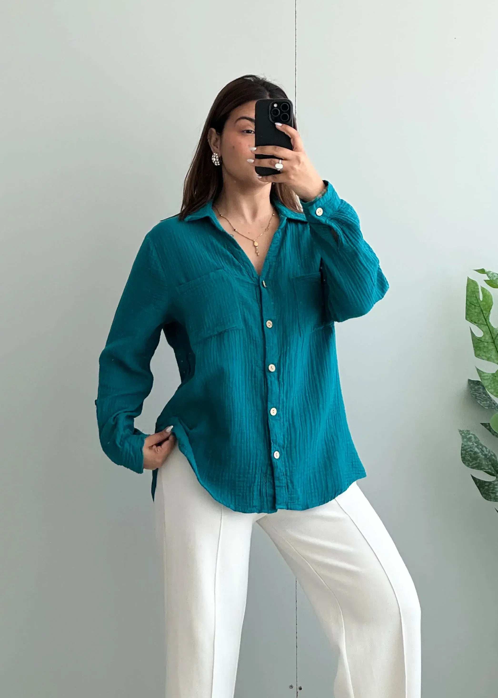 Size S-M, Teal Cotton Gauze Button Down Shirt for Women - Closet by Payal