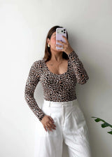 Size S-M, Leopard Print Scoop Neck Full Sleeve Bodysuit