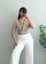 Size S-M, Beige Plaid Cropped Blazer Top for Women - Closet by Payal