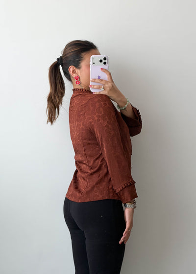Size M Rust Textured Button Viscose Crepe Shirt