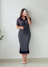 Size M-L Navy Stripe Polo Ribbed Midi Dress