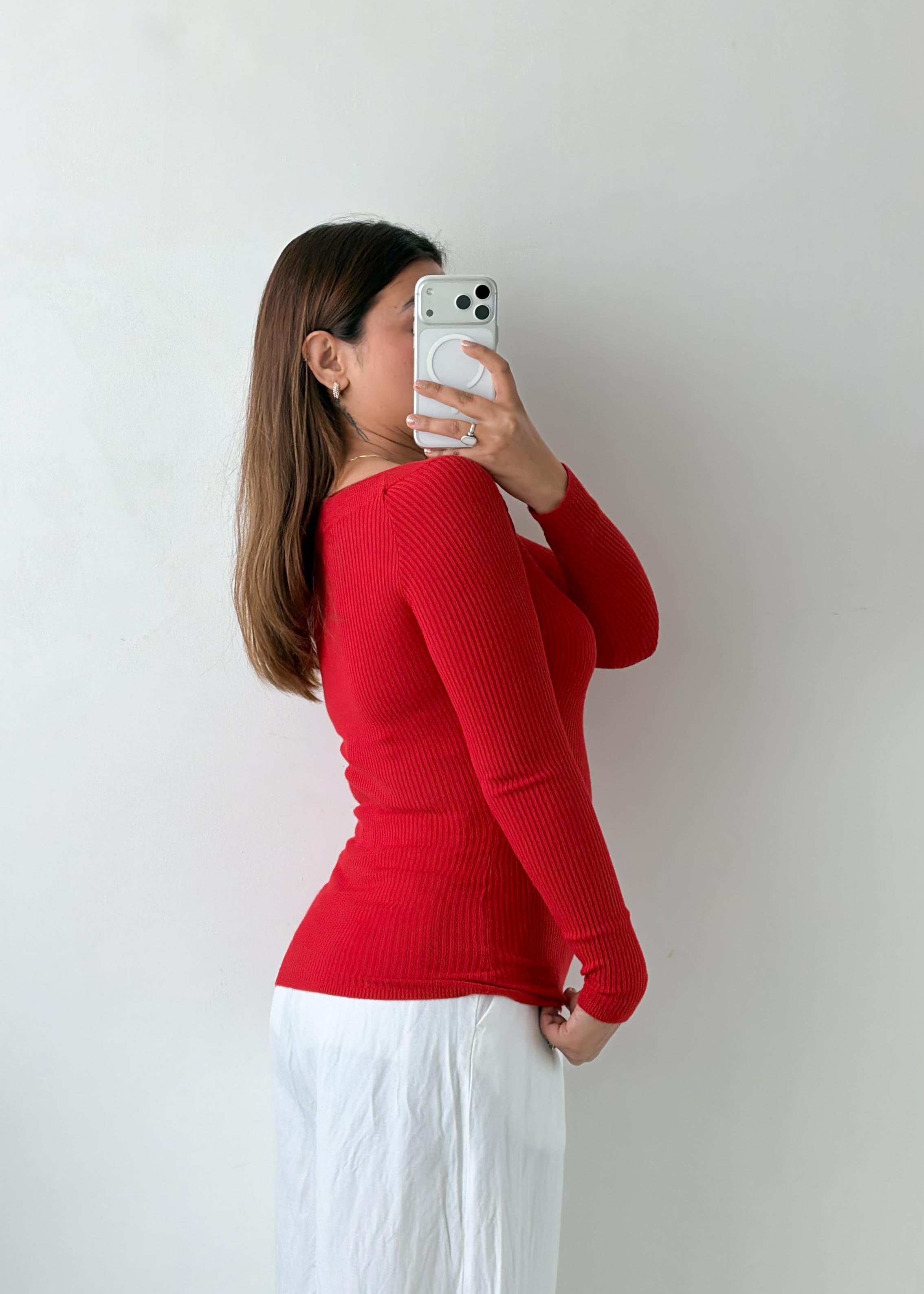 Size S-M Red Ribbed Long Sleeve Top
