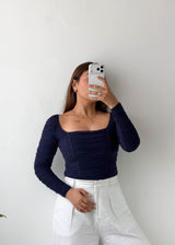 Size XS-S Navy Ruched Square Neck Bodysuit