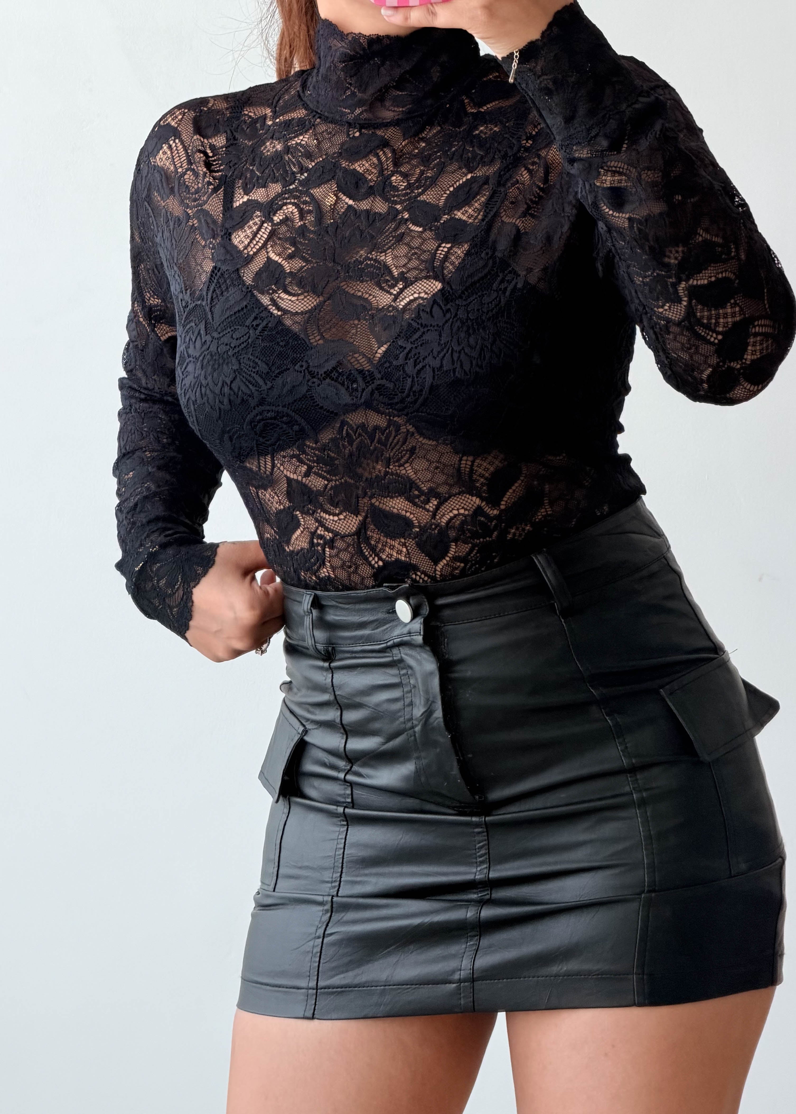 Size M Black High Neck Lace Bodysuit