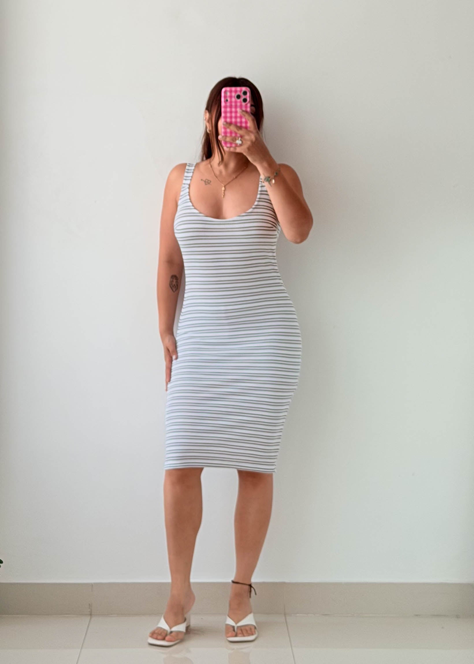 Size S-M White Grey Striped Bodycon Midi Dress
