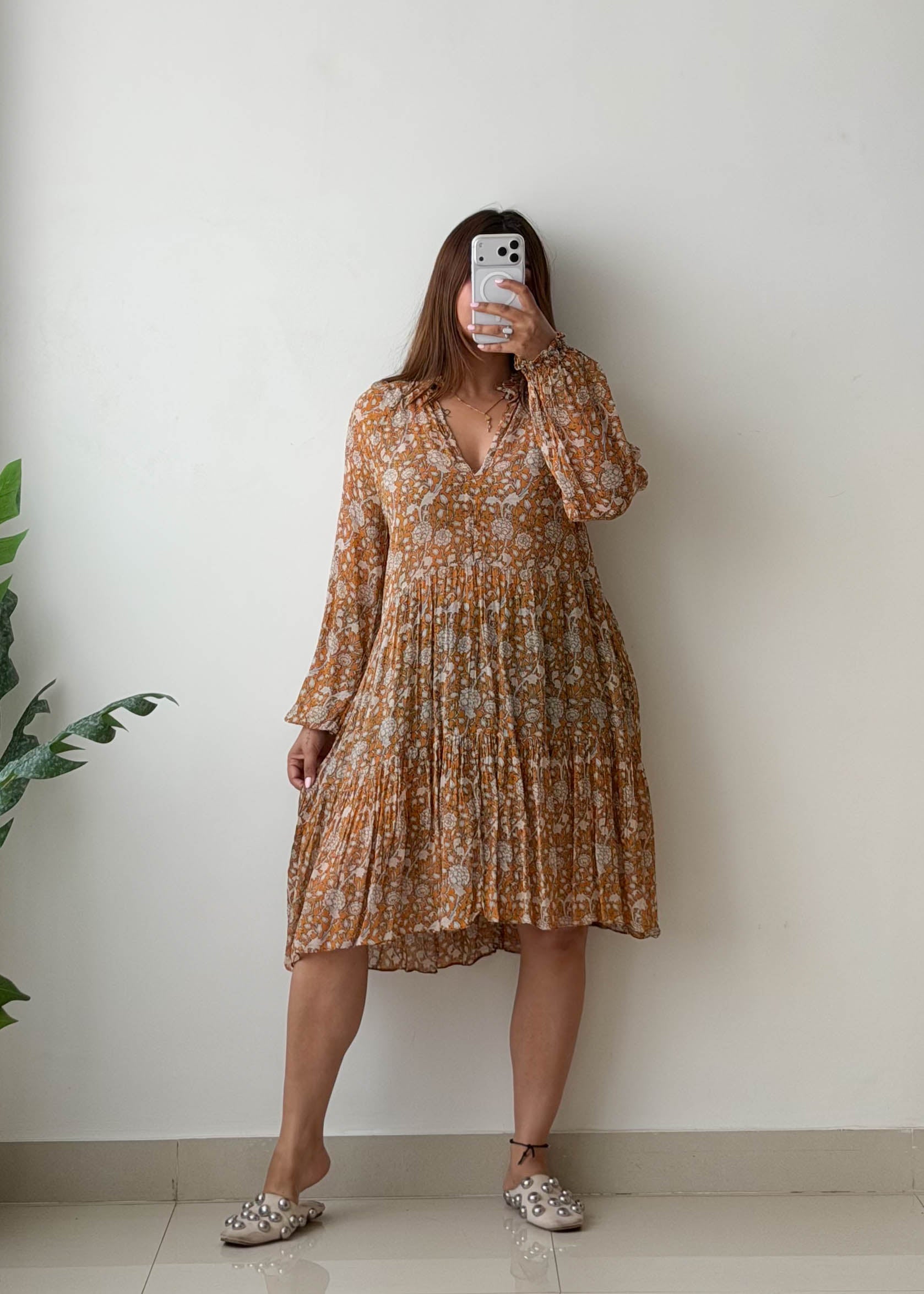 Size M-L Mustard Floral Pleated Mini Dress