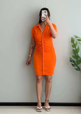 SIZE M-L, Orange Ruched Shirt Dress - Closet by Payal