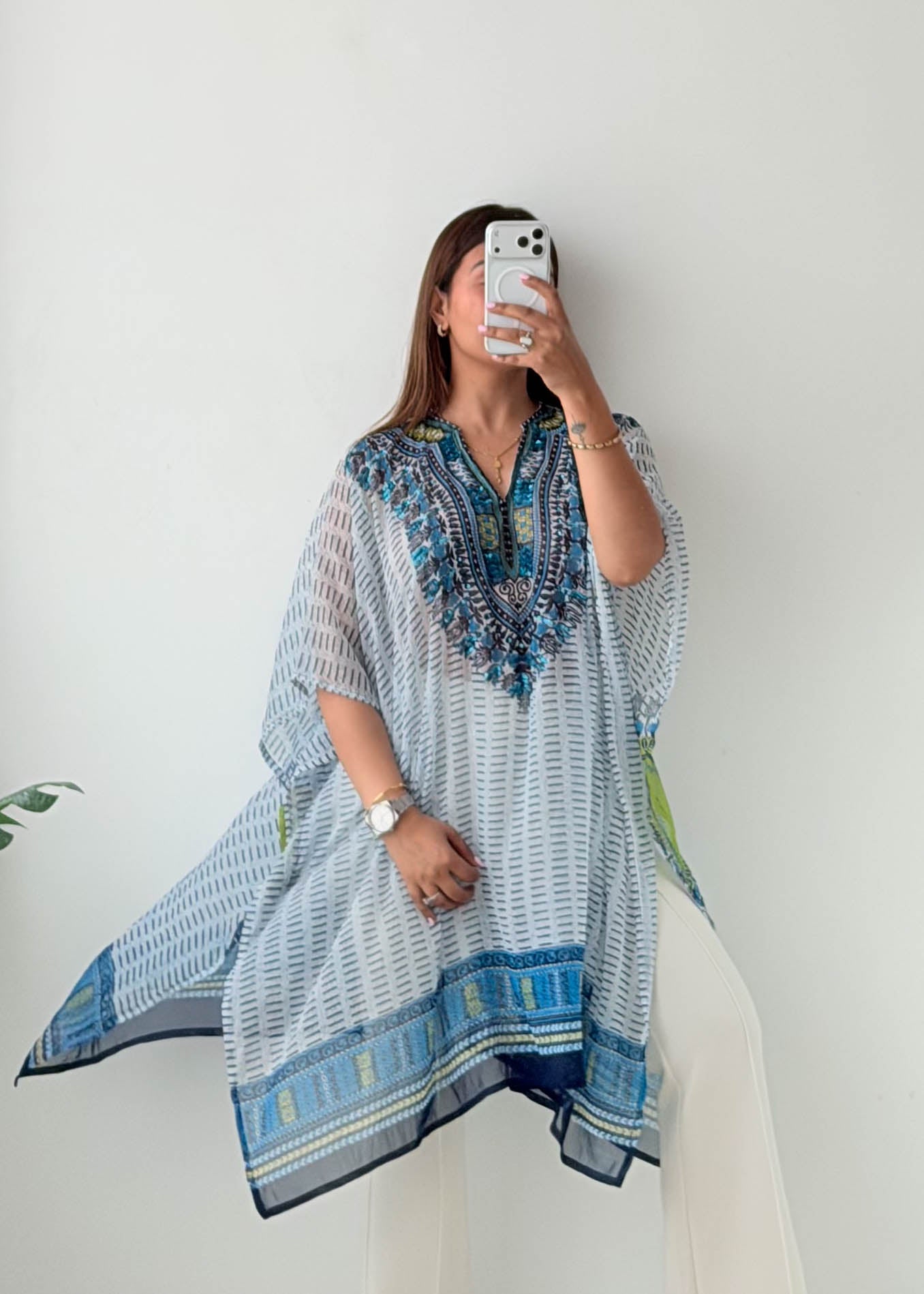Free Size Blue Embroidered Kaftan Top