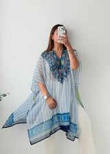 Free Size Blue Embroidered Kaftan Top