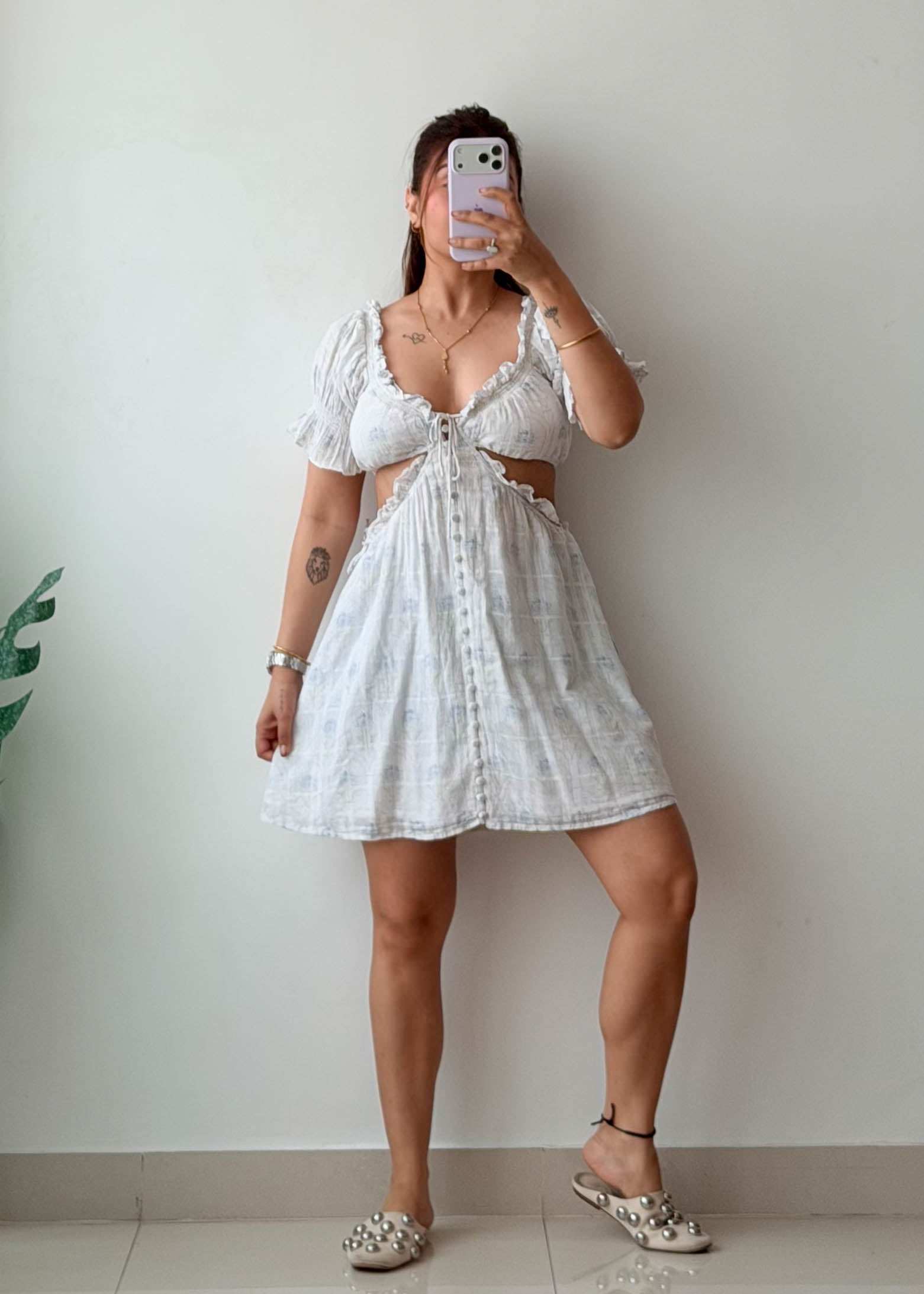 Size S-M White Textured Cut-Out Mini Dress