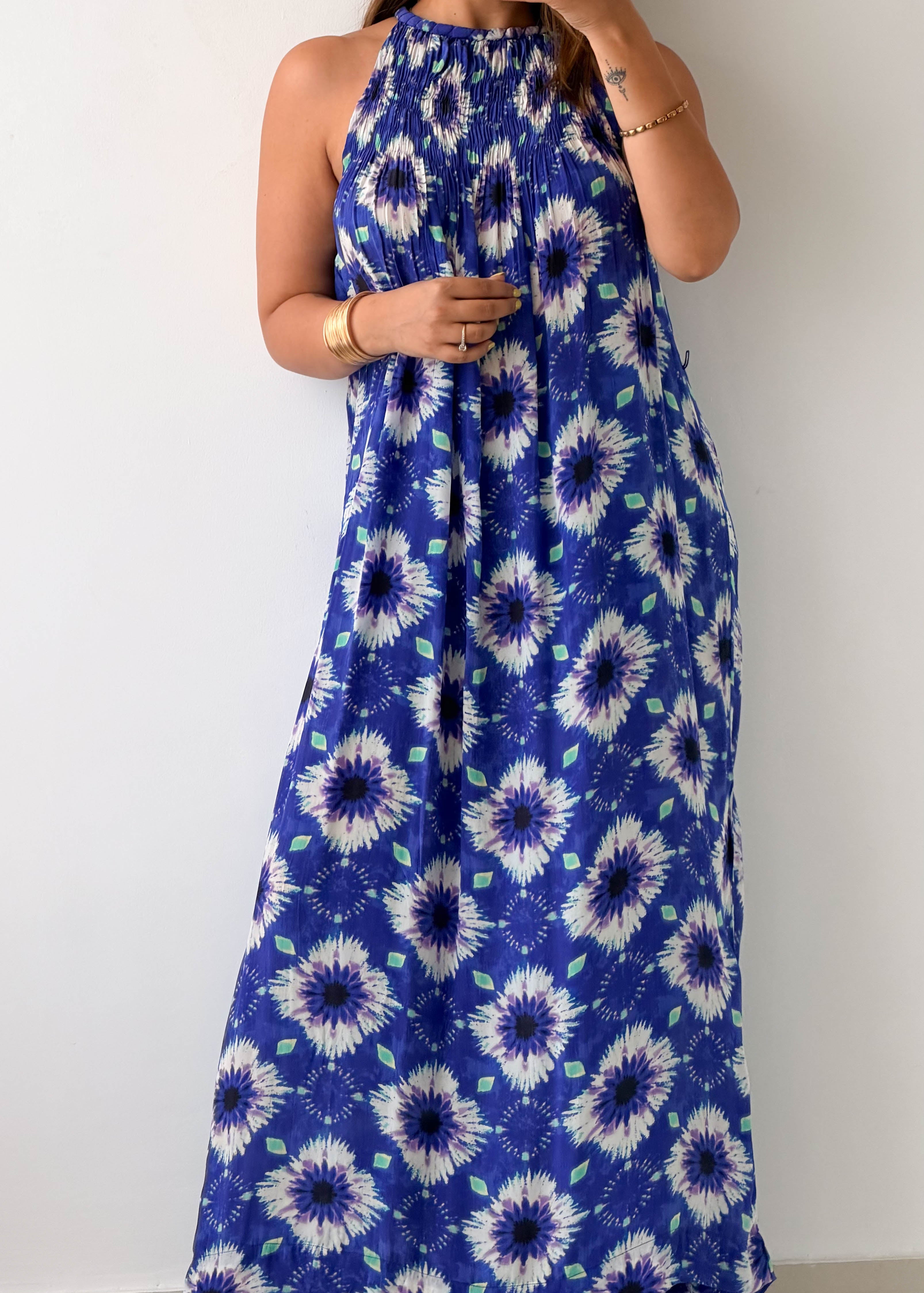 Size M-L Blue Floral Halter Maxi Dress