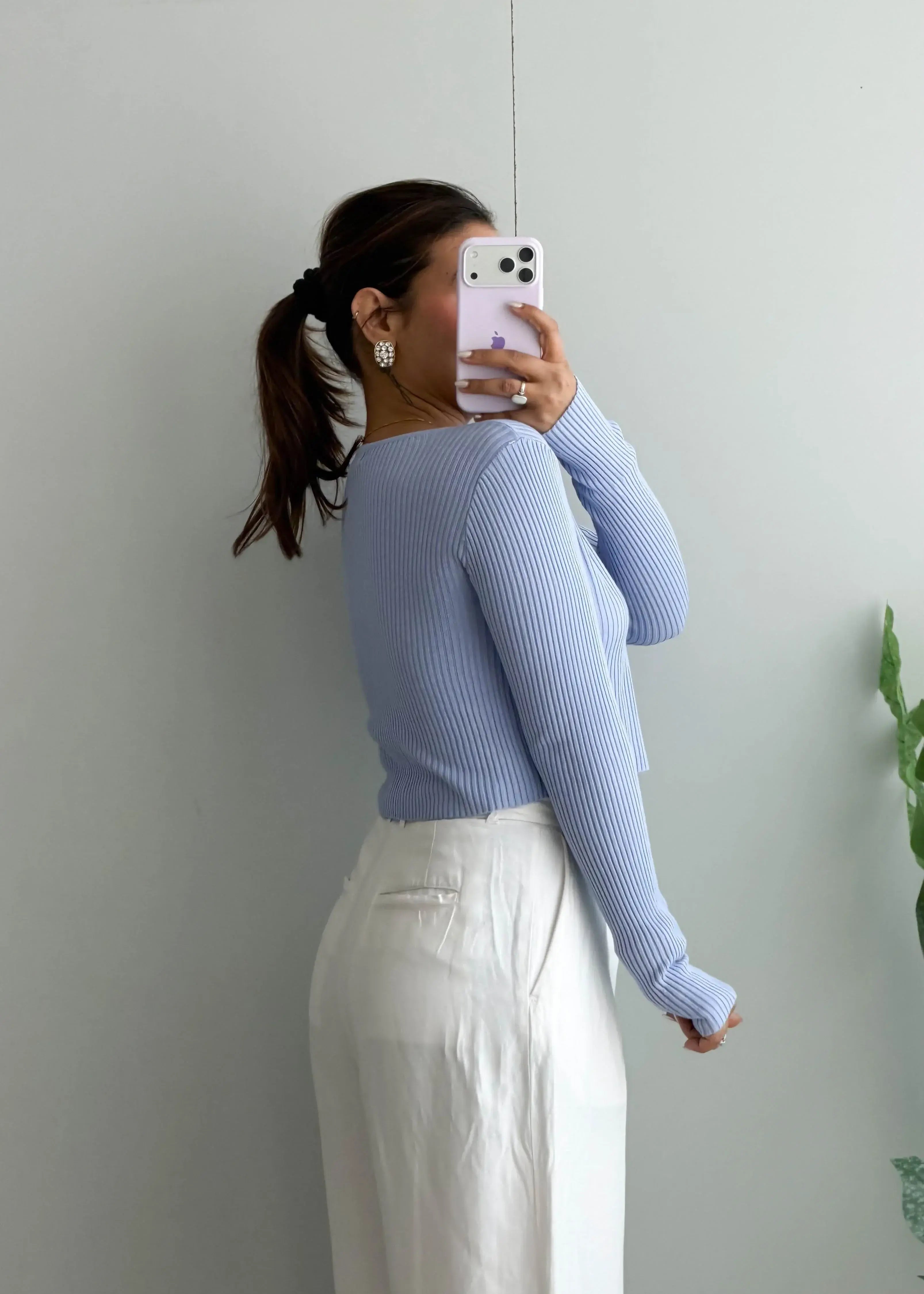 Size S-M, Light Blue Ribbed Long Sleeve Top - Closet by Payal