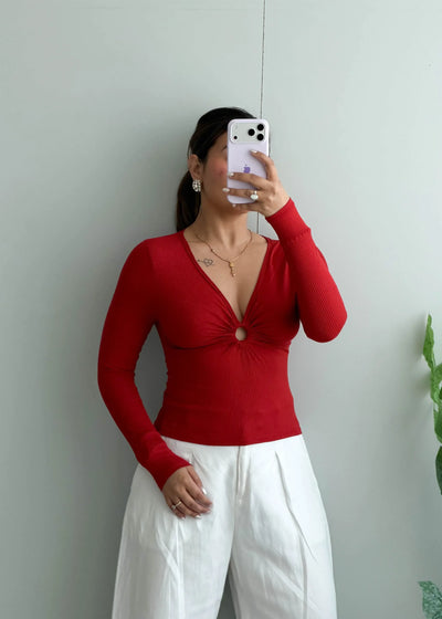 Size S-M, Red Ring Detail Ribbed Top - Closet by Payal