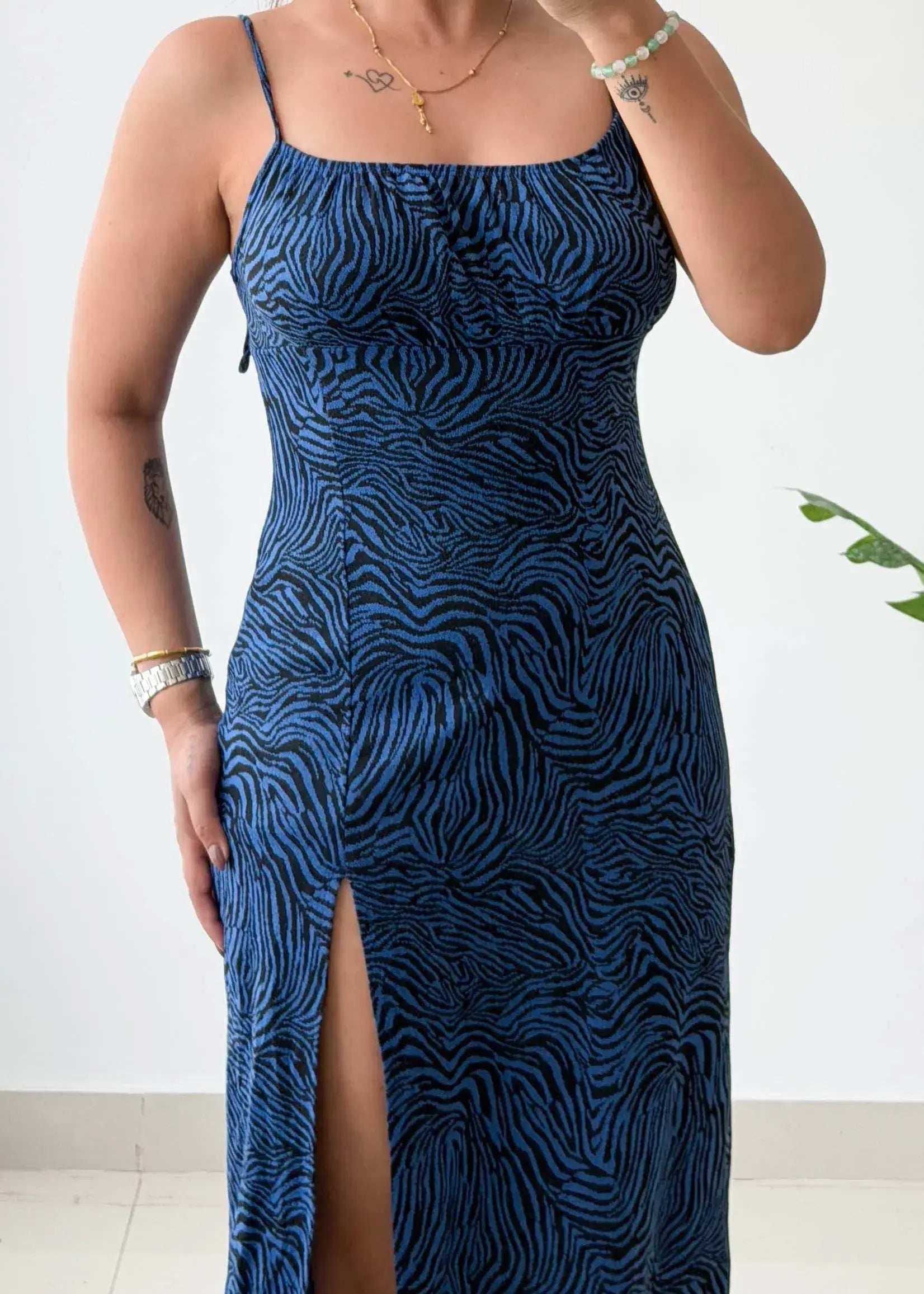 Size S-M, Blue Printed Side Slit Midi Dress - Closet by Payal