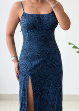 Size S-M, Blue Printed Side Slit Midi Dress - Closet by Payal