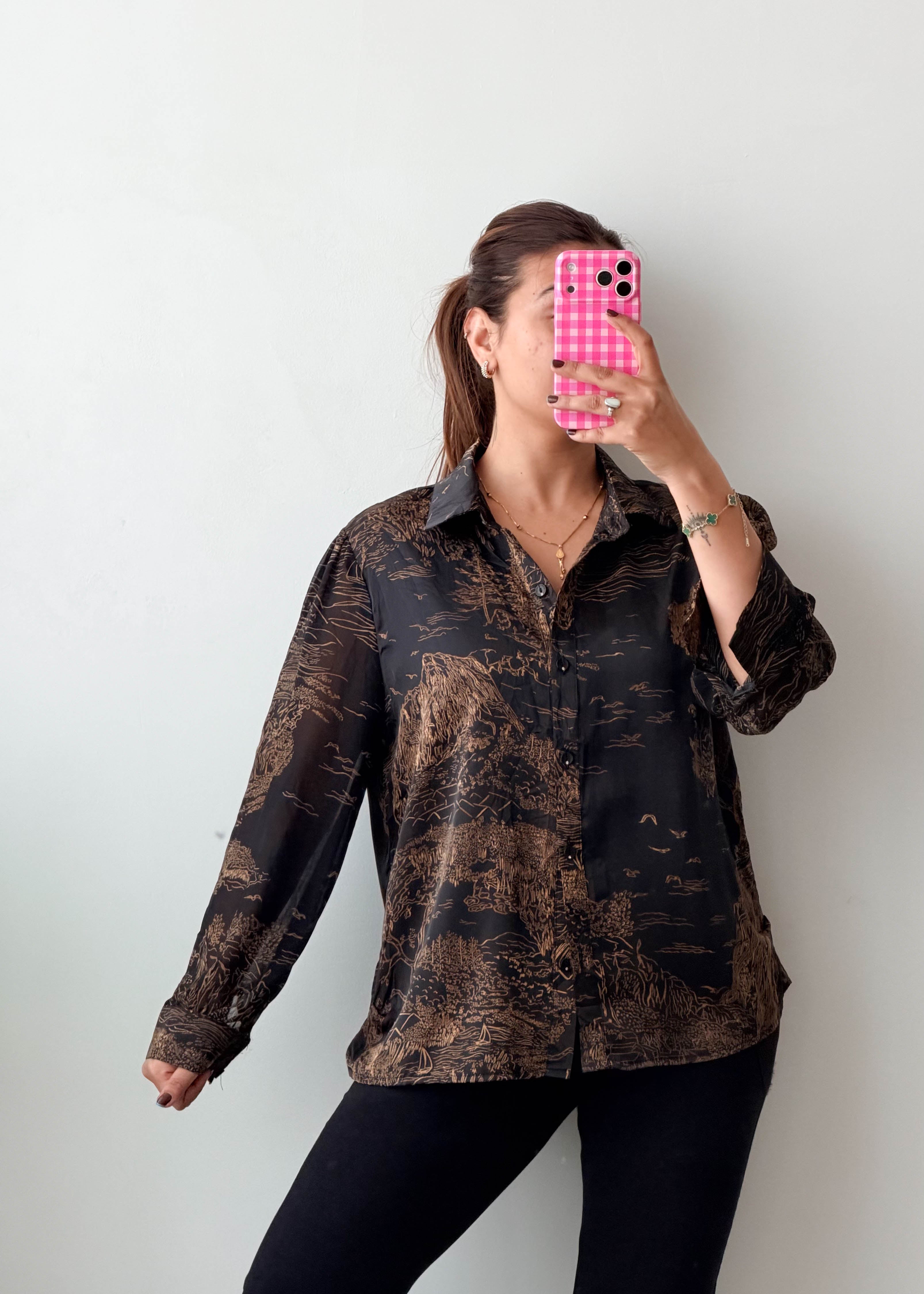 Size S-M Black Brown Scenic Print Shirt Top