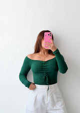 Size S-M Emerald Ruched Off-Shoulder Bodysuit