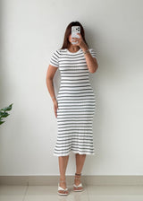 Size S-M White & Black Striped Ribbed Knit Midi Dress